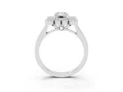 Emerald Cut Diamond Cluster Halo Ring Set in Platinum with Milgrain Bezel Accents and Plain Band