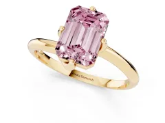 Fancy Pink Emerald Cut Diamond Solitaire Engagement Ring Set in Yellow gold with Classic Plain Band
