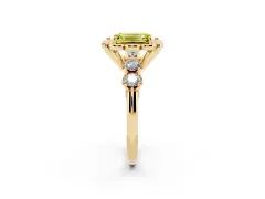 Fancy Yellow Emerald Cut Diamond Floral Halo Ring Set in Yellow gold with Shared Prong Band