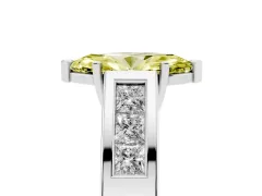Fancy Yellow Marquise Cut Diamond Solitaire Ring Set in Platinum with Channel-Set Accent Stones and Prong Setting
