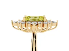 Fancy Yellow Emerald Cut Diamond Cluster Halo Ring Set in Yellow gold with Marquise and Round Accents