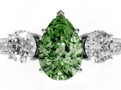 Fancy Green Pear Cut Diamond Three-Stone Ring Set in White gold with Round Side Stones and Pavé Band