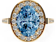 Fancy Blue Oval Cut Diamond Halo Ring Set in Yellow gold with Accent-Lined Split Shank and Prong Setting