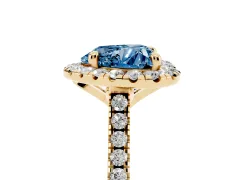 Fancy Blue Heart Cut Diamond Cushion Halo Ring Set in Yellow gold with Pavé Band