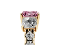 Fancy Pink Asscher Cut Diamond Three-Stone Ring Set in Yellow gold with Pavé Band