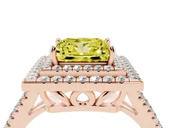 Fancy Yellow Princess Cut Diamond Double Halo Ring Set in Rose gold with Pavé Band