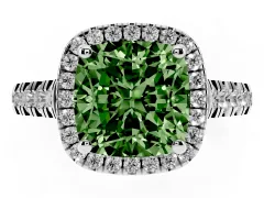 Fancy Green Cushion Cut Diamond Halo Engagement Ring Set in Silver with Pavé Band and Prong-Set Center