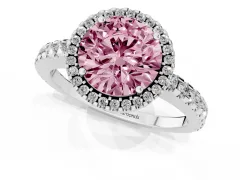 Fancy Pink Round Cut Diamond Halo Ring Set in Platinum with Pavé Shoulders and Halo-Framed Center