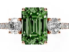 Fancy Green Emerald Cut Diamond Three-Stone Ring Set in Rose gold with Pavé Band and Graduated Sides