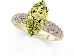 Fancy Yellow Marquise Cut Diamond Pavé Band Solitaire Ring Set in Yellow gold with Close-Set Accent Stones and Prong Setting
