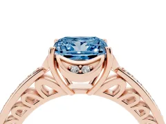 Fancy Blue Princess Cut Diamond Halo Ring Set in Rose gold with Channel Set Band and Prong Setting