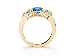 Fancy Blue Round Cut Diamond Three-Stone Ring Set in Yellow gold with Prong Setting and Plain Band