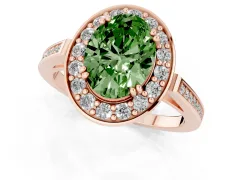 Fancy Green Oval Cut Diamond Halo Ring Set in Rose gold with Accent-Lined Split Shank and Prong Setting