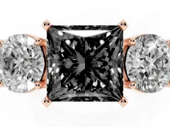 Fancy Black Princess Cut Diamond Three-Stone Ring Set in Rose gold with Round Side Stones and Classic Band