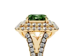 Fancy Green Asscher Cut Diamond Double Halo Ring Set in Yellow gold with Pavé Split Shank and Prong Setting