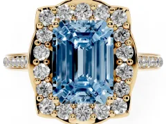 Fancy Blue Emerald Cut Diamond Halo Ring Set in Yellow gold with Pavé-Lined Shoulders and Prong Setting