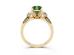 Fancy Green Cushion Cut Diamond Three-Stone Ring Set in Yellow gold with Pavé Band and Smaller Side Stones