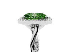 Fancy Green Radiant Cut Diamond Halo Twist Band Solitaire Ring Set in White gold with Prong Setting