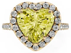 Fancy Yellow Heart Cut Diamond Pavé Halo Engagement Ring Set in Yellow gold with Pavé Band and Prong Setting