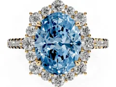 Fancy Blue Oval Cut Diamond Halo Ring Set in Yellow gold with Pavé Band and Prong Setting