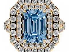 Fancy Blue Emerald Cut Diamond Double Halo Ring Set in Yellow gold with Pavé Split Shank and Prong Setting