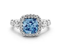 Fancy Blue Cushion Cut Diamond Halo Ring Set in Silver with Filigree Leaf Band and Prong Setting
