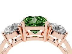 Fancy Green Cushion Cut Diamond Three-Stone Ring Set in Rose gold with Round Side Stones and Classic Band