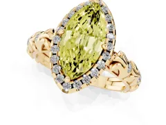 Fancy Yellow Marquise Cut Diamond Halo Ring Set in Yellow gold with Filigree Leaf Band and Prong Setting