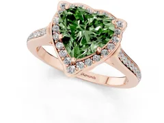 Fancy Green Heart Cut Diamond Halo Ring Set in Rose gold with Pavé-Lined Shoulders and Prong Setting