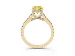 Fancy Yellow Cushion Cut Diamond Solitaire Ring Set in Yellow gold with Brilliant Pavé Band and Prong Setting