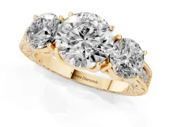 Round Cut Diamond Three-Stone Engagement Ring Set in Yellow gold with Milgrain Pavé Band