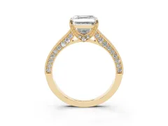 Asscher Cut Diamond Solitaire Ring Set in Yellow gold with Milgrain-Edged Pavé Band and Prong Setting