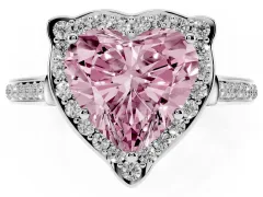 Fancy Pink Heart Cut Diamond Halo Ring Set in White gold with Pavé-Lined Shoulders and Prong Setting