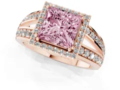 Fancy Pink Princess Cut Diamond Halo Ring Set in Rose gold with Double Pavé Split Shank