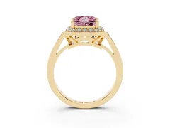 Fancy Pink Princess Cut Diamond Halo Ring Set in Yellow gold with Accent-Lined Split Shank and Prong Setting
