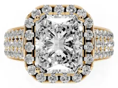 Radiant Cut Diamond Halo Ring Set in Yellow gold with Pavé Band and Raised Center Setting