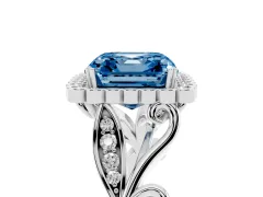 Fancy Blue Asscher Cut Diamond Halo Ring Set in Silver with Leaf Motif Split Shank and Prong Setting