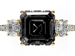 Fancy Black Asscher Cut Diamond Three-Stone Ring Set in Yellow gold with Pavé Band and Graduated Sides