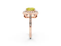 Fancy Yellow Radiant Cut Diamond Halo Ring Set in Rose gold with Accent-Lined Split Shank and Prong Setting