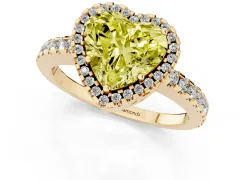 Fancy Yellow Heart Cut Diamond Halo Ring Set in Yellow gold with Pavé Shoulders and Halo-Framed Center