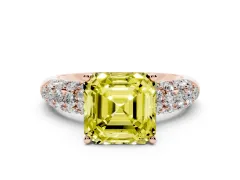 Fancy Yellow Asscher Cut Diamond Pavé Band Solitaire Ring Set in Rose gold with Close-Set Accent Stones and Prong Setting