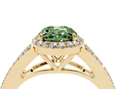 Fancy Green Oval Cut Diamond Halo Split Shank Pavé Ring Set in Yellow gold with Prong Setting