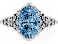Fancy Blue Oval Cut Diamond Solitaire Ring Set in White gold with Hidden Halo and Pavé Band