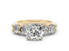 Cushion Cut Diamond Five-Stone Prong Set Ring Set in Yellow gold with Classic Band
