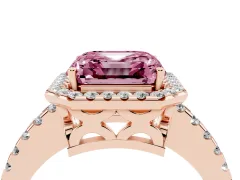 Fancy Pink Asscher Cut Diamond Halo Ring Set in Rose gold with Pavé Shoulders and Halo-Framed Center