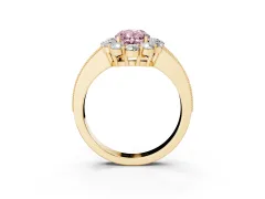 Fancy Pink Oval Cut Diamond Halo Pavé Engagement Ring Set in Yellow gold with Milgrain Detailing