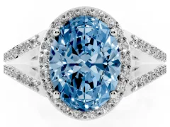 Fancy Blue Oval Cut Diamond Halo Split Shank Pavé Ring Set in Platinum with Prong Setting