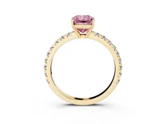 Fancy Pink Radiant Cut Diamond Pavé Solitaire Engagement Ring Set in Yellow gold with Prong Setting