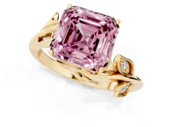 Fancy Pink Asscher Cut Diamond Solitaire Twist Engagement Ring Set in Yellow gold with Pavé Leaf Accents