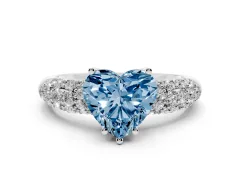 Fancy Blue Heart Cut Diamond Pavé Band Solitaire Ring Set in Silver with Close-Set Accent Stones and Prong Setting